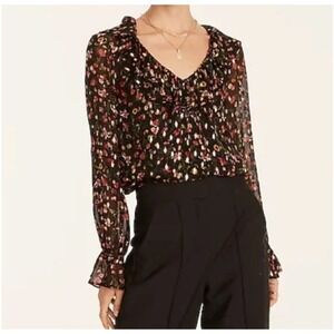 J.Crew Midnight Vintage‎ Floral Ruffle Sheer Long Sleeve Blouse Top Black Size S